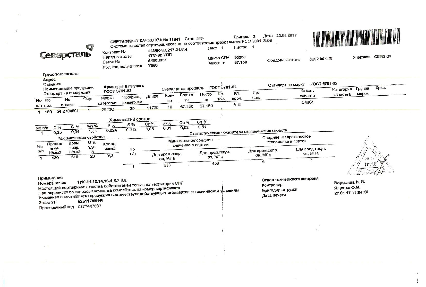 Сертификат на арматуру 20 марки 25Г2С от 2017-01 Сертификат на арматуру 20 марки 25Г2С от 2017-01